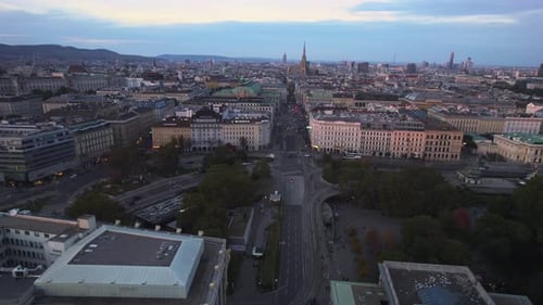 Aerial drone view of Vienna downtown at golden hour sunset