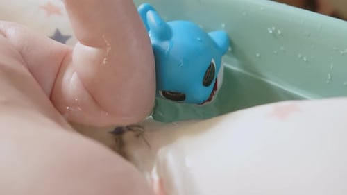 Baby Hand Playing with Shark Toy in Bath