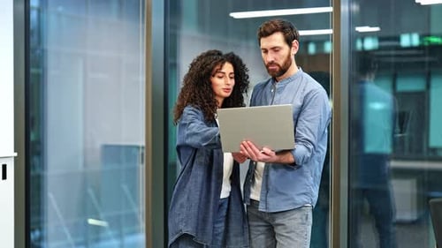 Business Colleagues Collaborating on a Laptop in a Modern Office