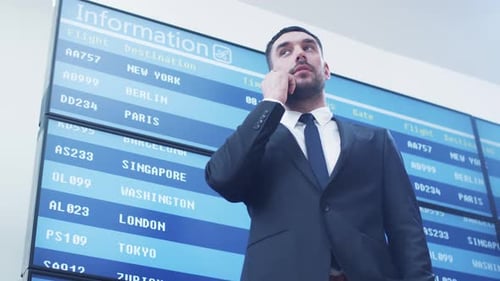 Businessman talking on Mobile Phone next to Information Board at the Airport.