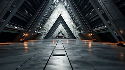 Futuristic, triangular corridor. Vast, metallic, modern architectural space