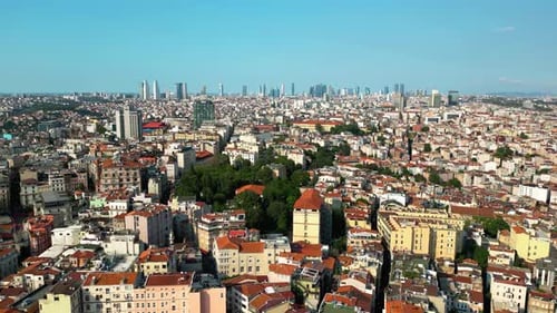 Cinematic Drone View of Modern Skyscrapers and Diverse Buildings in Istanbul, Turkey.