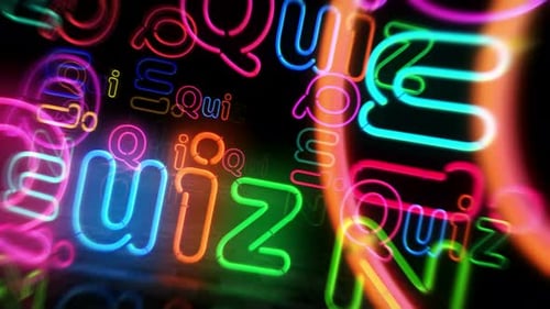 Quiz and barber shop neon symbol 3d flight between