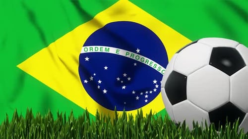 Waving Brazilian Flag with Soccer Ball on Green Grass