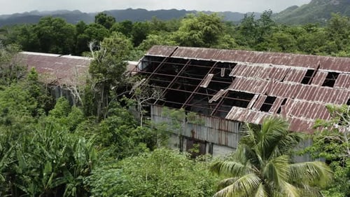 Aerial view over an old abandoned factory in the heart of the jungle - hideout and drug smuggler typ