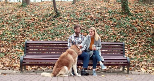Cute Young Lovely Couple Beautiful Blonde Woman and Handsome Adult Man Sitting on Bench in Park in