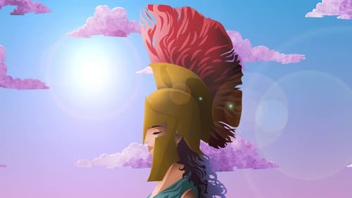 Animated Flat Design Spartan Warrior with Moving Clouds Background