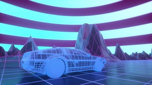 Wireframe Vehicle Rendered in 80s Style Synthwave Sci-Fi Environment