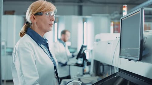 On High Tech Factory Female Engineer Uses Computer for Programing Pick and Place Electronic Machine