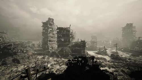 Urban Devastation Featuring Broken Structures and Lingering Destruction Signs