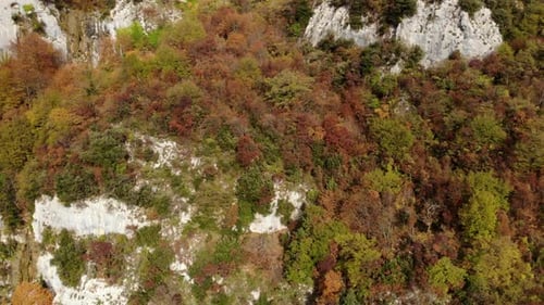 Mountain scenery in Autumn with colorful trees and big rocks, beautiful aerial landscape