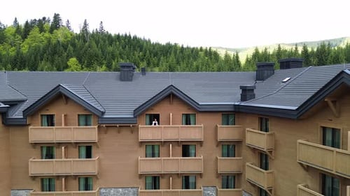 Modern wooden chalet surrounded by lush pine forest in summer, Drone shot