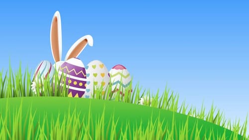Animated Easter Bunny Ears and Eggs in Green Grass