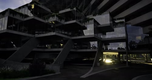 Diseño arquitectónico moderno con estructuras angulares a la luz del atardecer