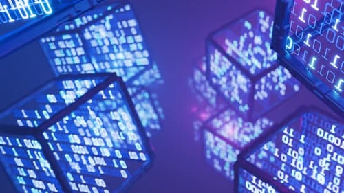 Big data. Cloud technology concept. artificial intelligence. Blockchain technologies. Cube with bina