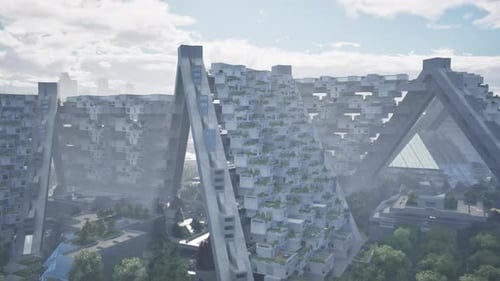 Edificios urbanos cubiertos de exuberante vegetación verde