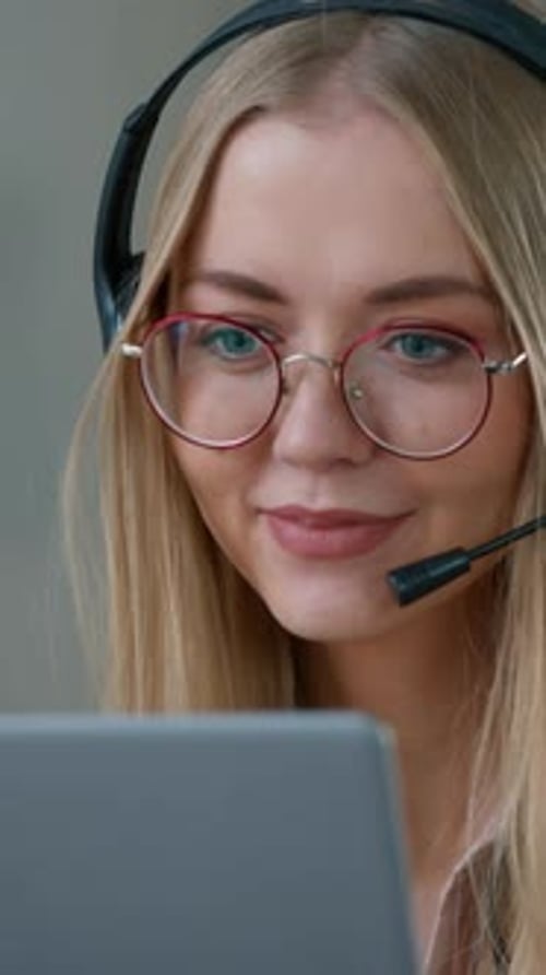 Caucasian Business Woman in Headset Talking Video Call with Laptop in Office Girl Female