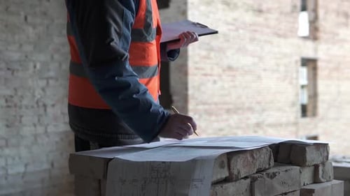 Um engenheiro de construção está examinando os desenhos de trabalho de um prédio alto.