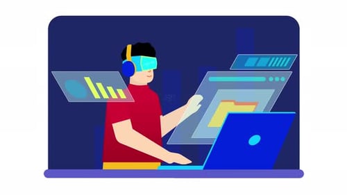 Flat Design Illustration of Person with VR Headset and Data Interfaces