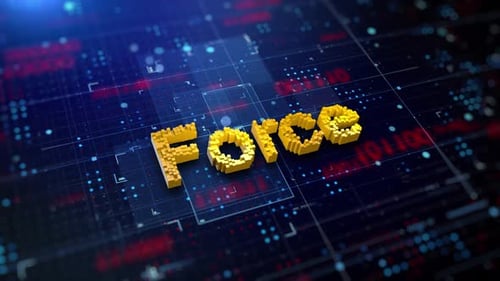 Futuristic 3D Pixel Text on Abstract Technology Grid Background