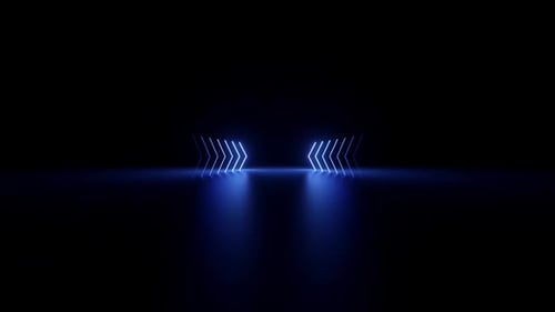 Dynamic neon arrows glow in a futuristic space hallway
