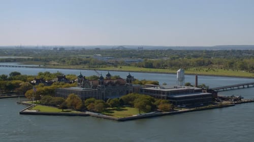 Aerial view of ellis island and the Statue of Liberty in New York harbor