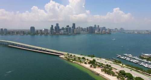 Cars Driving Over William M Powell Bridge in Downtown of Miami Brickell in Florida USA High