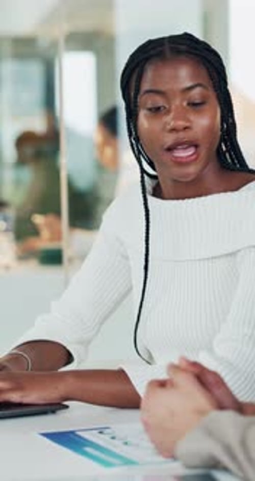 Laptop, meeting and talking with business woman in office for funding, account report and teamwork