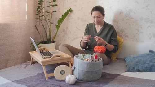 Woman Crocheting at Home Relaxing Hobby Art