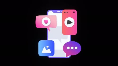 Looping animation of an animated smartphone displaying social media icons with alpha channel.