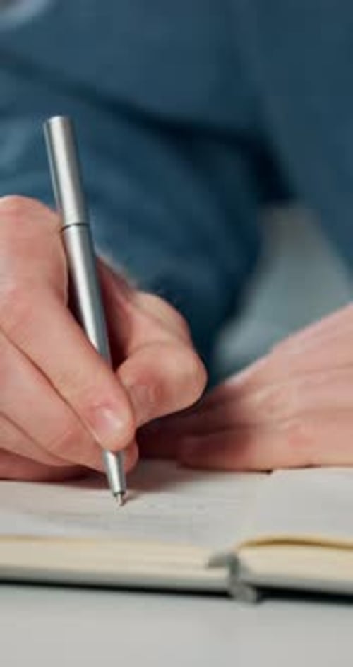 Writing, reminder and hands of business person in office for planning, schedule and notebook