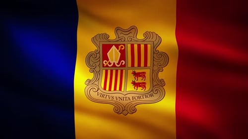 Realistic Andorra Flag Waving with National Coat of Arms Emblem
