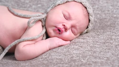 Sleeping Infant in Hat, Close Up