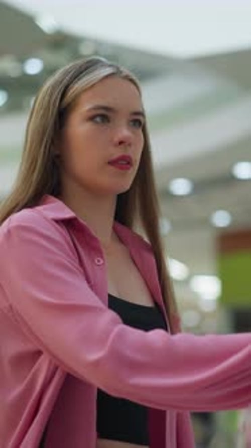 Une dame en robe rose se concentre sur l'interaction avec l'écran dans un centre commercial bien éclairé