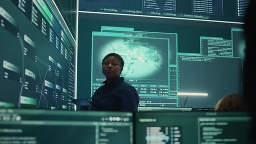 Woman Uses Tablet in Futuristic Tech Office