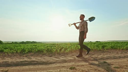 Male Farmer Working on Field in Sunny Weather in Summer