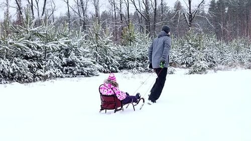 Man Pulls Child on Sled Through Snowy Forest