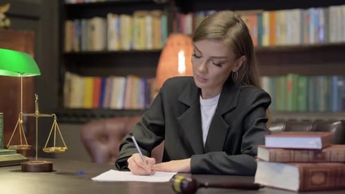 Female Judge Writing Verdict in Office