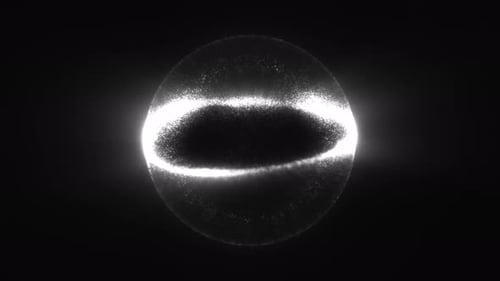 Bright glowing white sphere composed of particles in a dark monochrome environment