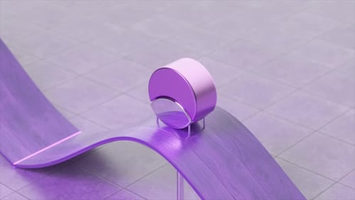 Sleek 3D Animation of a Glossy Lavender Halfsphere Sliding on a Curved Violet Track
