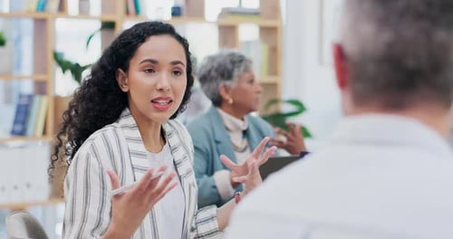 Meeting, laptop and business woman in discussion for project, marketing strategy and website review