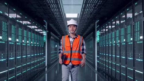 Asian Male Holding Tablet While Walking in Data Center