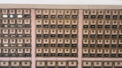 Private Mailboxes Inside Post Office. Static Shot