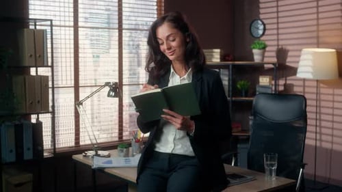 Caucasian Woman Holding Notebook Writing Notes Planning Girl Write Manager Female Office