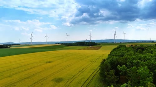 Flug über das grün gemähte Feld und den Wald. Wir nähern uns den rotierenden Windturbinen