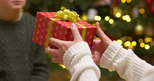 Hands of Parent Giving Christmas Gift to Child on Christmas Tree Background