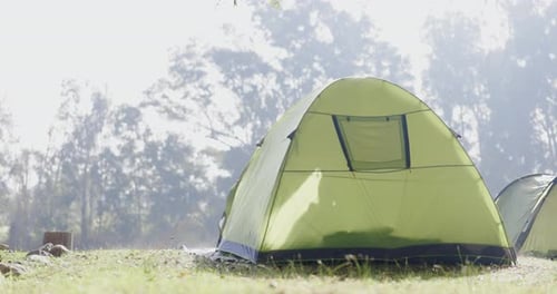 Nature, fog and tent for camping or vacation in the forest in the morning fog during winter