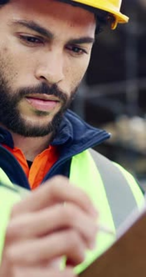 Man, writing or clipboard on construction site for checklist, progress report or smile with survey