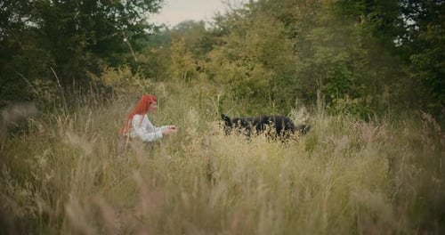 German Shepherd Running Towards Woman in Meadow