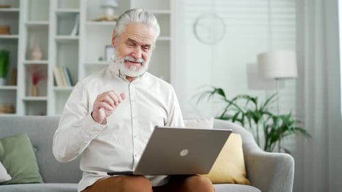 Happy excited elderly senior man with gray hair received great news on laptop sitting on sofa
